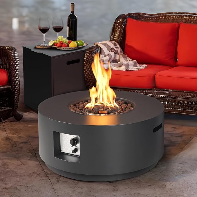 30" Round Propane Fire Pit Table - 50K BTU Round Fire Pits and Tank Cover, ETL Certified Outdoor Fire Table with Lid, Rocks, Rain Cover, Firepit for Outside Patio, Black