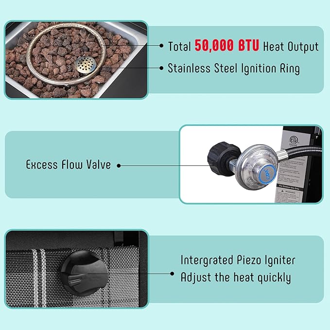 28 in Propane Fire Pit Table, ETL-Certified Fire Table with Lava Rocks for Patio Deck Garden Courtyard, 50,000 BTU Square Fire Pit Table with Lid, Black