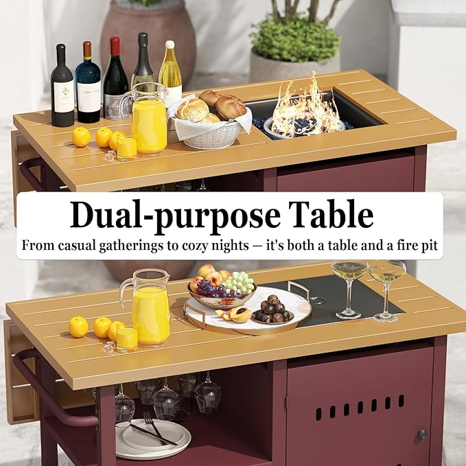 44" Gas Fire Pit Table, Table Top Firepit, 50000 BTU Gas Fire Pits for Outside Patio, Propane Fire Pit with Storage Space and Wine Glass Holder for Outdoor, Deck, Red