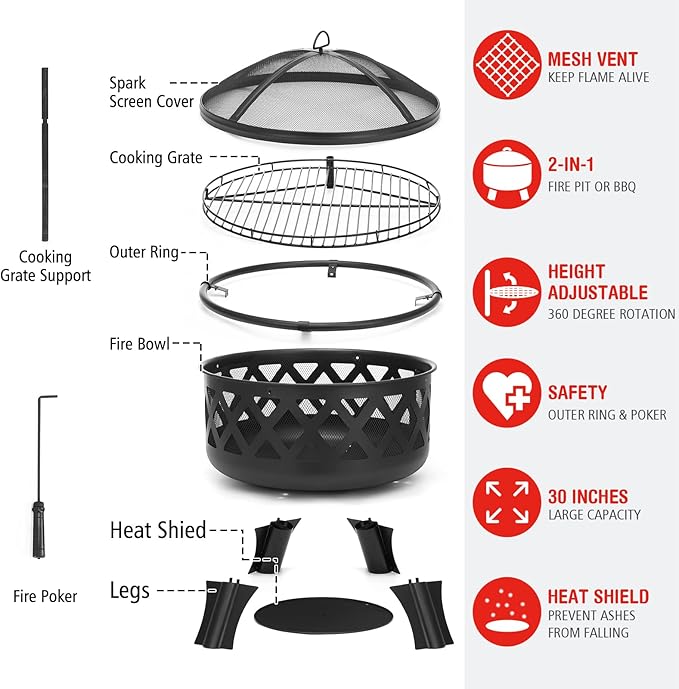 SINGLYFIRE 30 Inch Fire Pits for Outside with Grill Outdoor Wood Burning Firepit Large Steel Firepit Bowl for Patio Backyard Picnic Garden with Swivel BBQ Grill, Ash Plate,Spark Screen, Poker