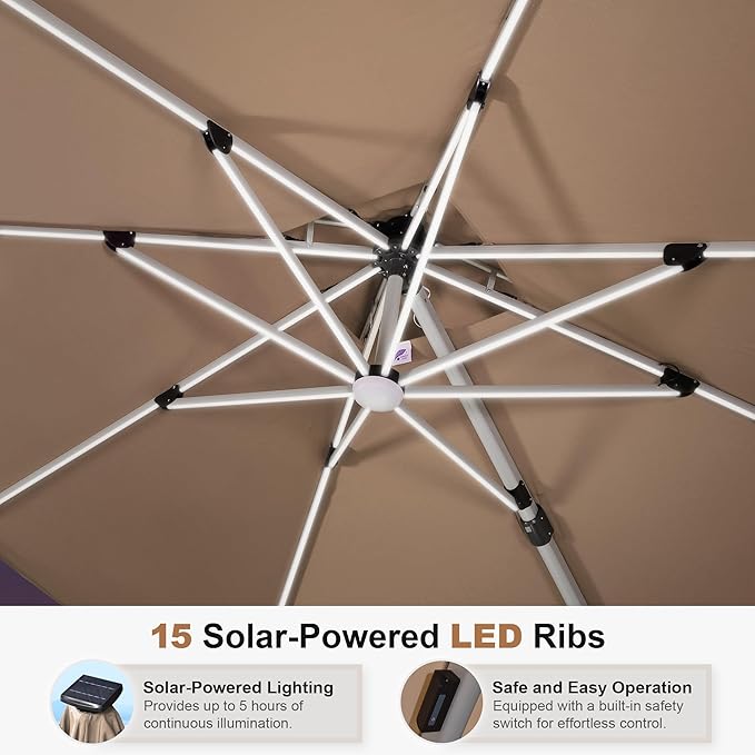 PURPLE LEAF 12 Feet Double Top Deluxe Solar Powered LED Square Patio Umbrella Light Patio Umbrella Outdoor Cantilever Umbrella with Lights, Beige