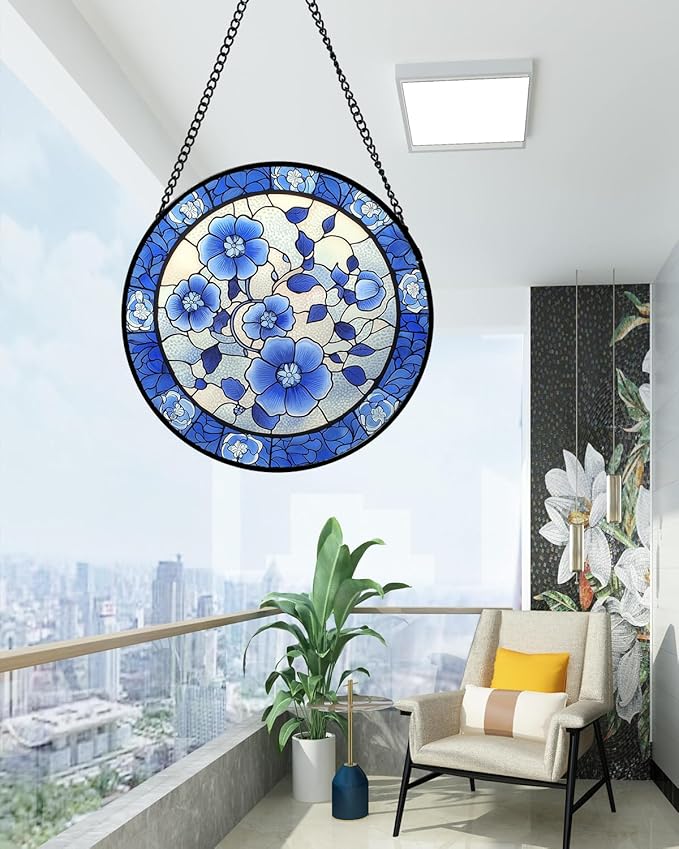 AMDERVEN Stained Glass Window Hanging, Blue and White Plum Blossom Sun Catcher for Door Home Decor Flowers Suncatcher Christmas Mother's Day Birthday Gifts for Women Men Mom and Nana 6.3 in