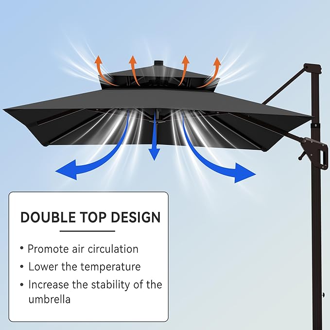9' X 12' Cantilever Patio Umbrella Double Top Rectangular Outdoor Large Offset Umbrellas with 7 Tilts Adjustable 360°Rotation for Deck Pool Garden Backyard, Grey