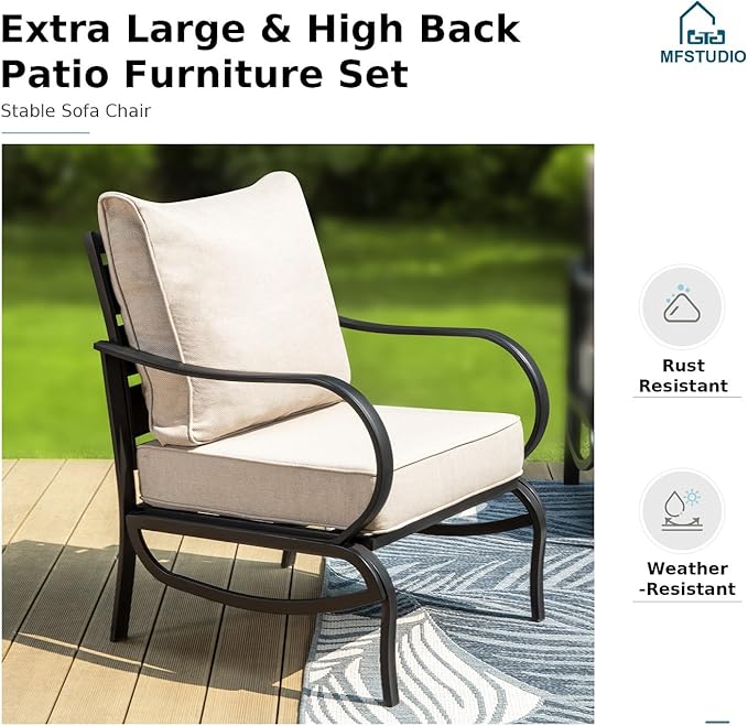 MFSTUDIO 6 Pieces Metal Patio Furniture Sets, 2 Swivel Chairs, 3-Seat Loveseat Sofa, 2 Patio Chairs & 1 Marbling Coffee Table, All Weather 7 Seats Outdoor Conversation Set for Garden Backyard, Beige