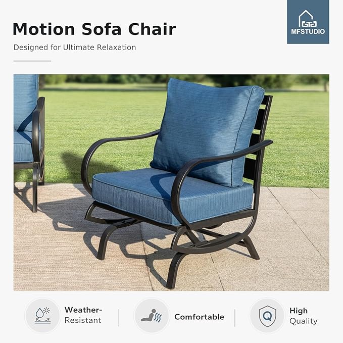 MFSTUDIO 8 Pieces Patio Furniture Sets with 45" Gas Fire Pit Table, Metal Outdoor Conversation Sofa Set with 1 x 3-Seat Sofa, 2 Single Chairs, 2 Rocking Chairs and 2 Ottoman, Peacock Blue Cushion