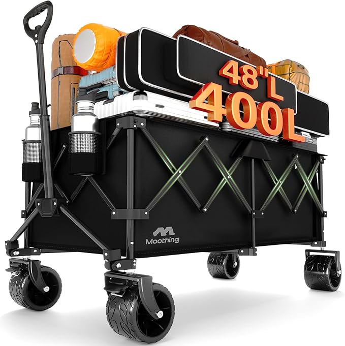 48”L Foldable Wagons Carts - Clearance, Collapsible Folding Wagon Heavy Duty, 320L Large Beach Wagons, Utility Wagon with All Terrain Big Wheels for Sports, Camping, Grocery, Garden, Black