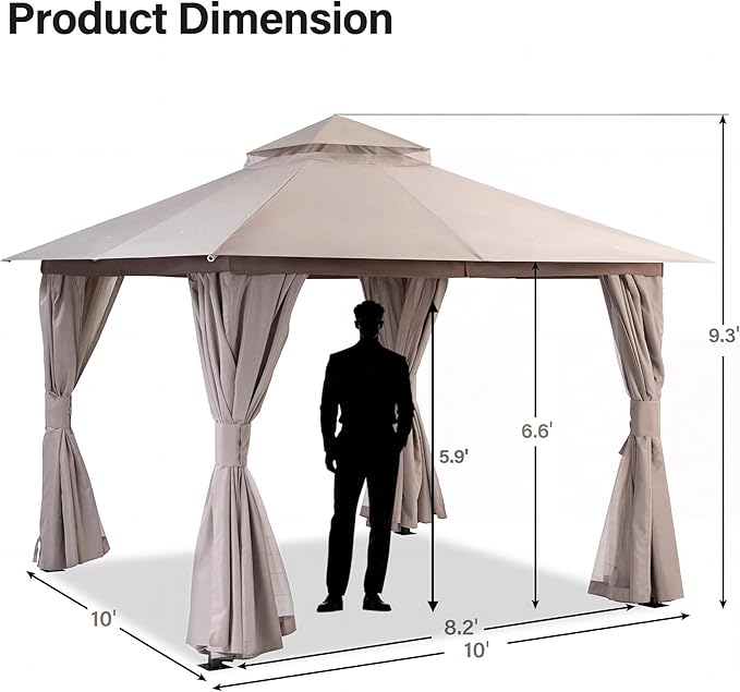 LAUSAINT HOME Outdoor Patio Gazebo 10'x10' with Expansion Bolts, Heavy Duty Party Tent & Shelter with Double Roofs, Mosquito Nettings and Privacy Screens for Backyard (Khaki)