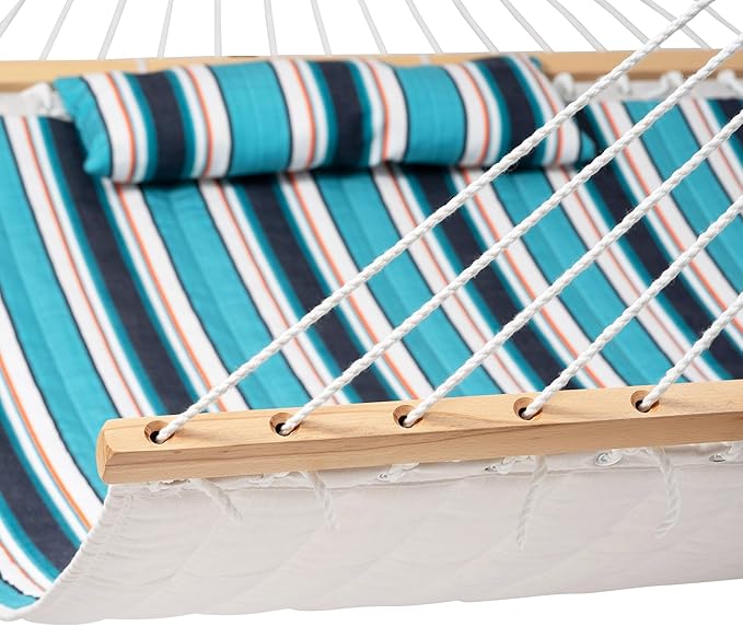Lazy Daze Hammocks 12 FT Sunbrella Quilted Double Hammock with Hardwood Spreader Bar, 450 lbs Capacity, Blue, Hammock, 2 Person, Patio, Outdoor, All Weather