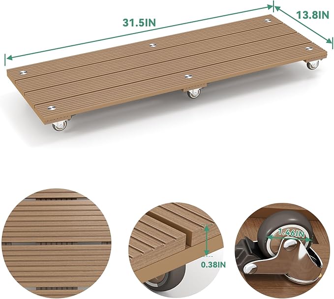 mondaria 2 Pack Plant Caddy with Wheels, Wood Plastic Composite Plant Stand, Heavy Duty Rectangular Plant Dolly with Metal 360° Lockable Caster Wheels for Large Plant Pots, Flower Pot ,Brown