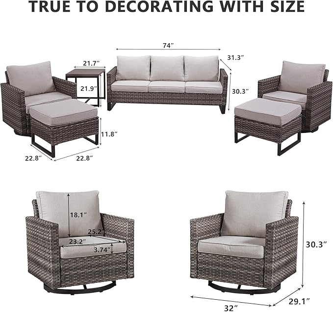HUMMUH 6 Piece Patio Furniture Set Outdoor Sectional Sofa,PE Wicker Patio Swivel Rocker Chairs with Ottomans Side Table for Porch,Garden,Backyard