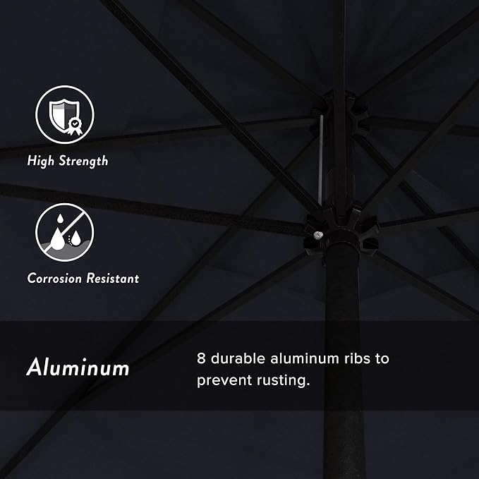 California Umbrella 9' Rd Aluminum Patio Umbrella, Crank Lift, Auto Tilt, Black Finish, Sunbrella Indigo