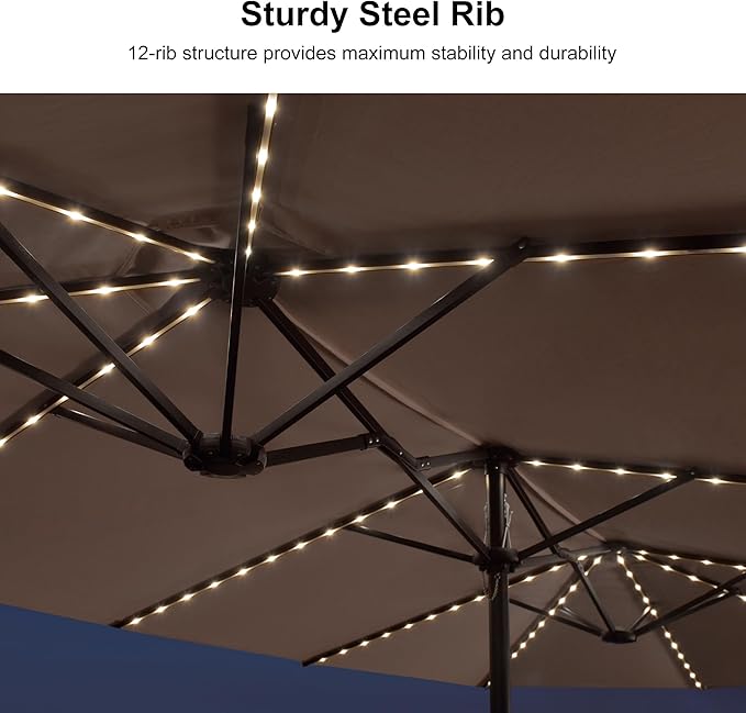 PURPLE LEAF 13ft Patio Market Umbrella with Solar LED and Base Double-Sided Rectangle Outdoor Table Sun Umbrellas with Crank for Pool Beach Deck Backyard Taupe