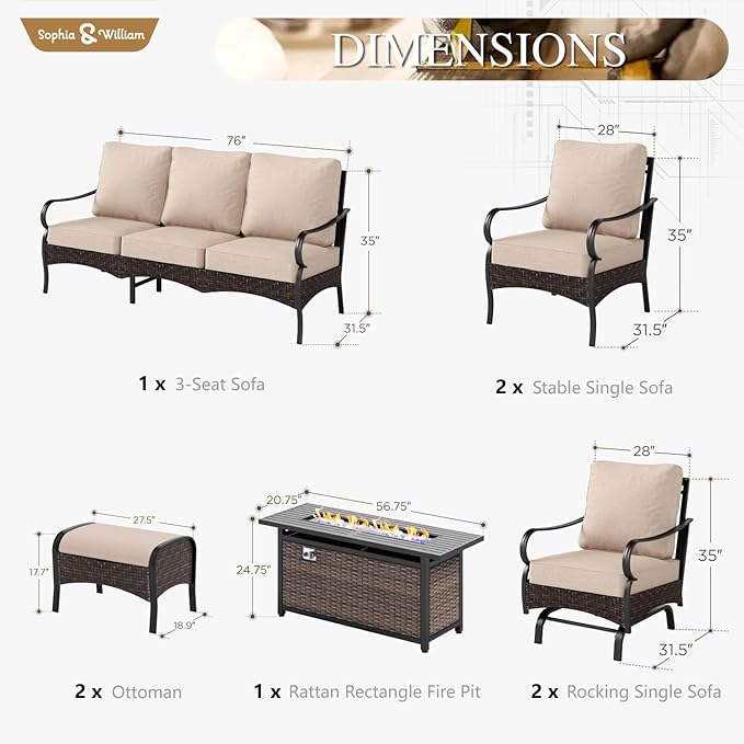 Sophia & William Patio Furniture Set with Fire Pit Table, 5 PCS Metal Outdoor Conversation Set with Fire Pit Table, 4 Sofa Chairs, 3-Seater Couch for Outdoor Seating, Backyard, Porch(Beige)