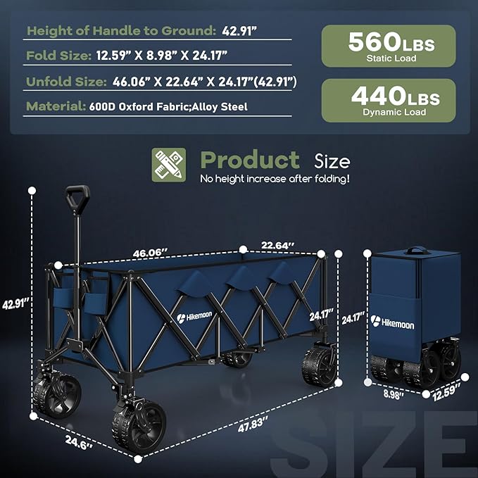 300L Extra Large Wagons Carts Foldable, 560LBS Heavy Duty Collapsible Beach Wagon 48" Long with Big All-Terrain Wheels, Utility Folding Cart for Camping, Grocery, Sports, Garden, Blue