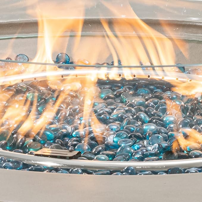 COSIEST Outdoor Propane Fire Pit Coffee Table w Gray 40.5-inch Round Base Patio Heater, Certified, 50,000 BTU Stainless Steel Burner, Wind Guard, Aqua Blue Fire Glass, Rain Cover
