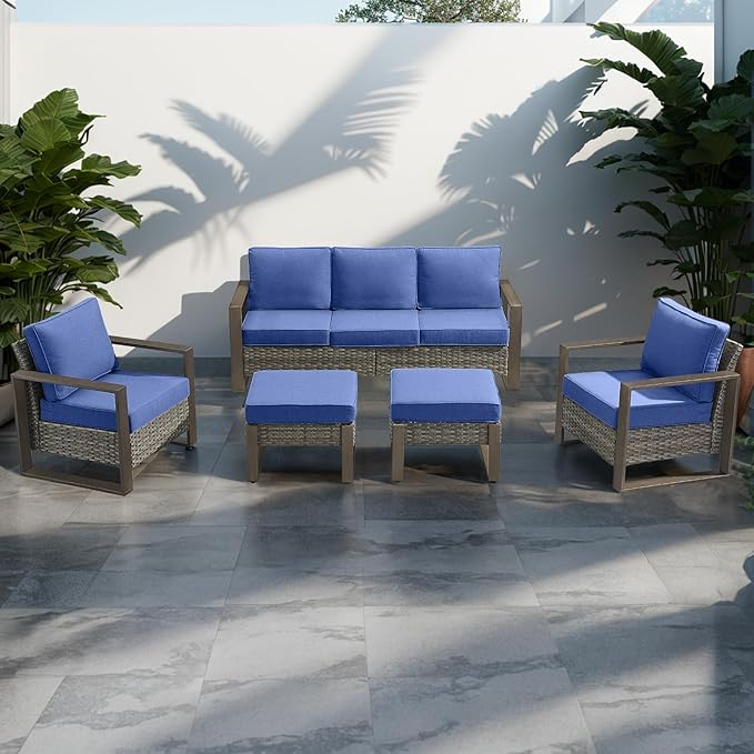Rilyson Outdoor Wicker Patio Furniture Set - 5 Piece Patio Conversation Set with 2 Wicker Armrest Chairs,2 Rattan Ottoman and 1 Couch,Sturdy Frame,Thick Cushions,Deep Seating(Mixed Grey/Blue)
