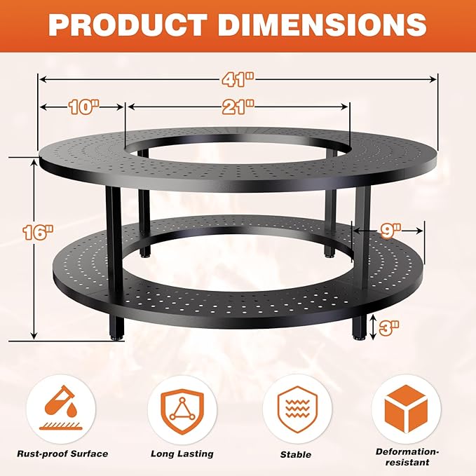 Fire Pit Surround Tabletop for Solo Stove Bonfire 1.0&2.0 and Ranger 1.0&2.0, 41" Fire Pit Surround Tabletop with Wood Storage Shelf, Powder-Coated Steel Surround Tabletop with Extra Space
