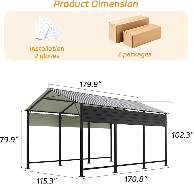 Patiowell 10'x15' Metal Carport with Heavy Duty Frame, Outdoor Carport Canopy with Galvanized Steel Roof, All-Weather Car Shelter Garage for Car, Truck, Boat and Tractor, Black