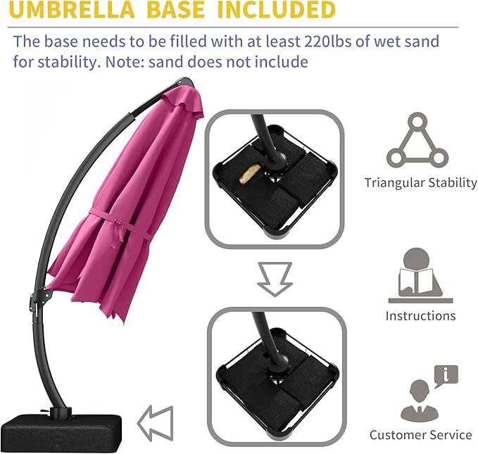 Kingdura 11ft Cantilever Patio Umbrella with Base Included, Large Round Offset Outdoor Pool Umbrella, 360° Rotation & Infinite Tilt, Heavy Duty Aluminum Frame for Deck Backyard, Rose Pink