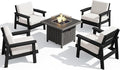 SERWALL Patio Furniture Set with 33” Fire Pit Table, HDPE Outdoor Sectional Sofa Set with Thickened Cushions, Black Frame with Khaki Cushions