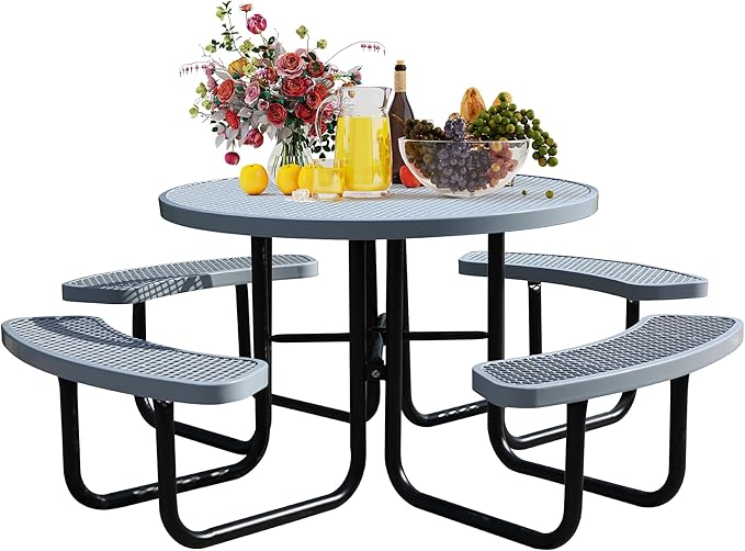 Sunnibety 8-Person Picnic Tables for Outdoors, Industrial 46" Expanded Metal Round Picnic Table with 4 Benches & Umbrella Hole, Outside Table and Bench Set for Park, Garden, Backyard, Patio, Grey