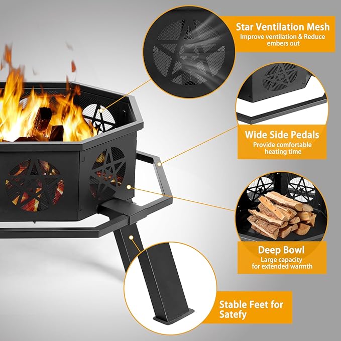 35 Inch Outdoor Fire Pit, Heavy Duty Wood Burning Firepits for Outside, Octagonal Metal Bonfire Fire Pits with Fire Poker for Camping, Backyard, Patio, Garden, Beach, Poolside, Picnic