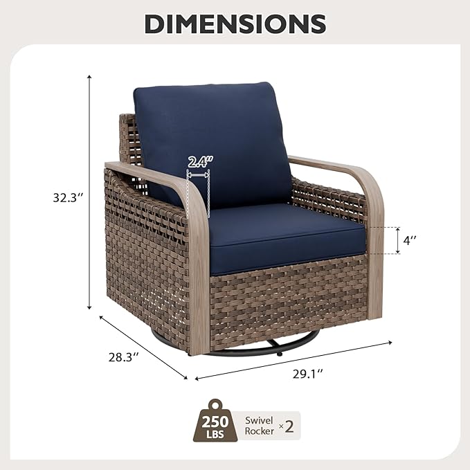 EAGLE PEAK Modern Wicker Outdoor Glider Rocking Chair, Swivel Rocker, Rattan Patio Furniture for Yard Deck Porch Garden, 2 Chairs, Brown/Blue