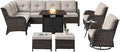 Belord Outdoor Sectional Furniture Sofa Set with Propane Fire Pit Table, Wicker Patio Conversation Set with 2 Swivel Rocker Glider Chairs Beige Cushion Perfect for Backyard Casual Gathering