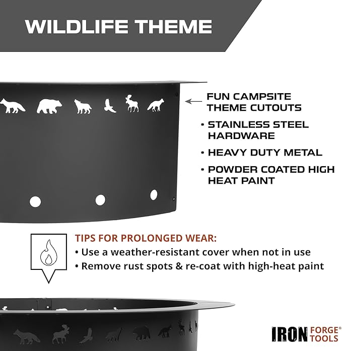 Iron Forge Tools Fire Pit Ring 36 Inch Outer/30 Inch Inner - Outdoor Heavy Duty Metal Round Smokeless Permanent Fire Ring Insert Liner (36x30x10)
