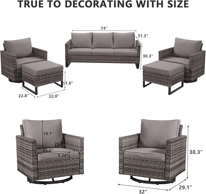 HUMMUH 5 Piece Patio Furniture Set Outdoor Sectional Sofa,PE Wicker Patio Swivel Rocker Chairs with Ottomans for Porch,Garden,Backyard