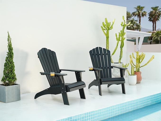 Psilvam Adirondack Chair, Oversized Poly Lumber Fire Pit Chair with Cup Holder, 350Lbs Support Patio Chairs for Garden, Weather Resistant Outdoors Seating, Relaxing Gift for Father & Mother (4, Black)
