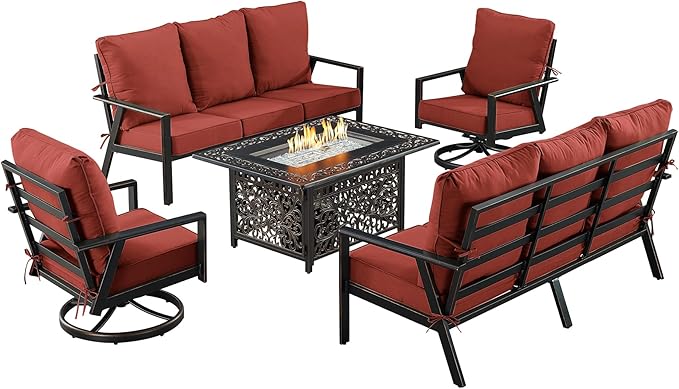Oakland Living Black Aluminum Patio Fire Table Set with Two Deep Seating Sofa with Cushions and Two Club Chairs with Red Cushions