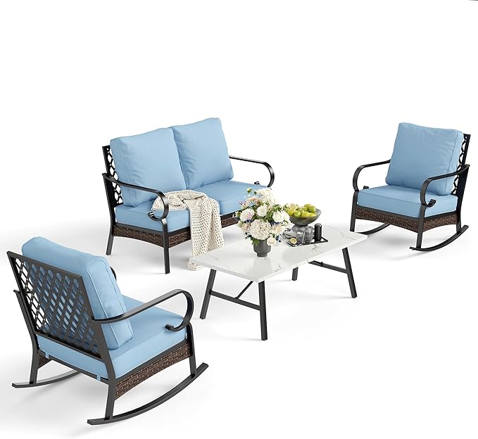 SUNSHINE VALLEY 4 Piece Metal Outdoor Patio Furniture Sets, Patio Conversation Sets 1 Loveseat, 2 Rocking Sofa with 5.75" Extra Thick Cushion and Coffee Table, Balck Frame Backyard Furniture, Blue
