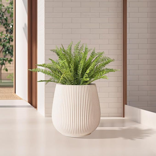 16 Inch Handmade Concrete Outdoor Planter - Classic Striped Design | Fiberglass & Composite Material | Durable for Commercial & Home Decor