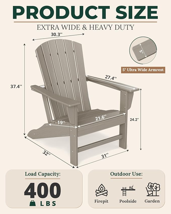 BRIOPAWS Adirondack-Chairs-Set of 4 | HDPE Plastic | Fire Pit Chair | Oversized | Wood Grain | All Weather | for Deck Outdoor Poolside Campfire