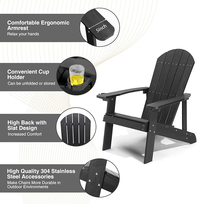 Adirondack Chairs Set of 2, All Weather Resistant Plastic Chairs with Cup Holder, 5 Easy Steps to Install, Outdoor Chairs for Patio, Garden, Backyard Deck, Lawn, Fire Pit - Black