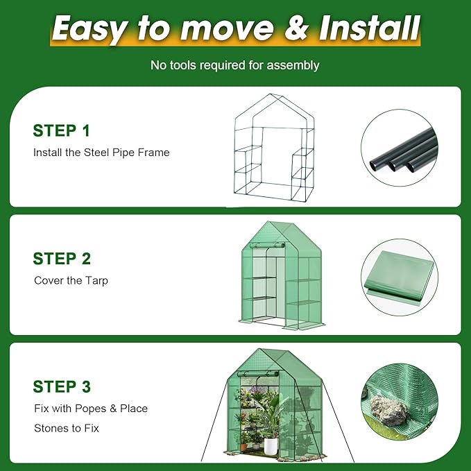 Greenhouse, 56×28×76" Walk in Greenhouse, Portable Green House for Outdoors with Thicken PE Cover, 3 Tiers 8 Shelves for Plants, Flowers, Seedling (Green, 56x28x76 inch)
