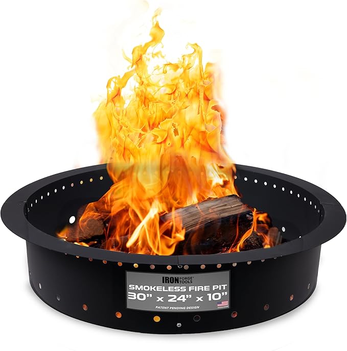 Iron Forge Tools Fire Pit Ring 30 Inch Outer/24 Inch Inner - Outdoor Heavy Duty Metal Round Smokeless Fire Ring Insert Liner - Utility Patent Pending (30x24x10)