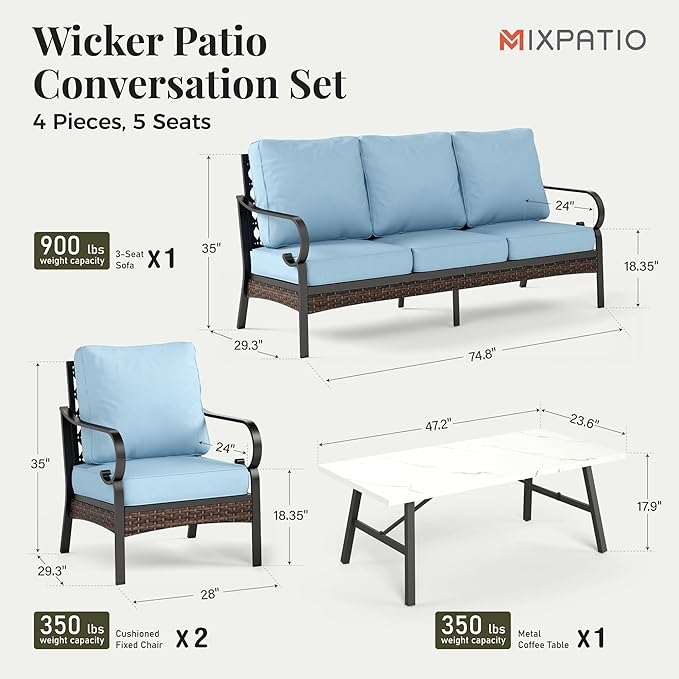 Patio Furniture Set with Coffee Table, Outdoor Conversation Set with 2 x Fixed Chairs, 1 x 3-Seat Sofa for Lawn Garden Backyard, Blue