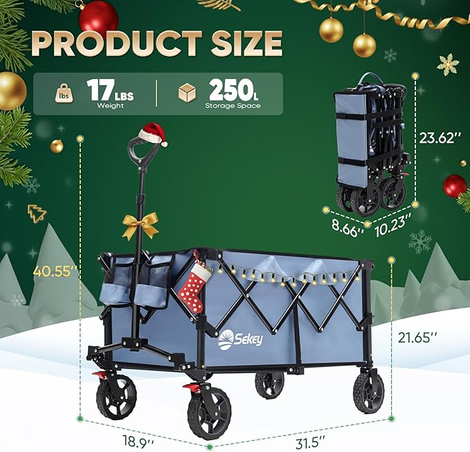 Sekey Collapsible Foldable Wagon with 330lbs Weight Capacity, Heavy Duty Folding Wagon Cart with Big All-Terrain Wheels & Drink Holders. Blue