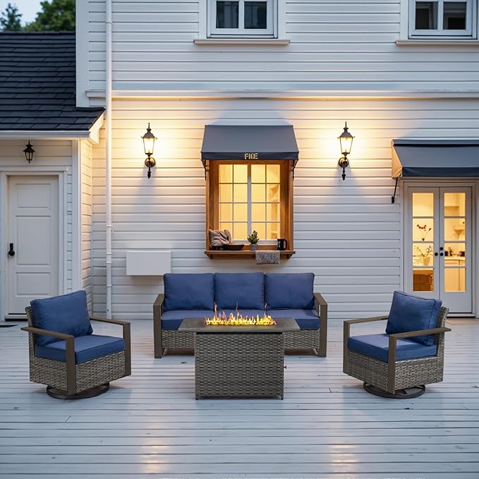 Belord Full 4 Pieces Patio Furniture Set with 41” Propane Fire Pit Table, Outdoor Conversation Set with Swivel Glider Outdoor Chair Set of 2 and Rattan Sofa for Deck Backyard