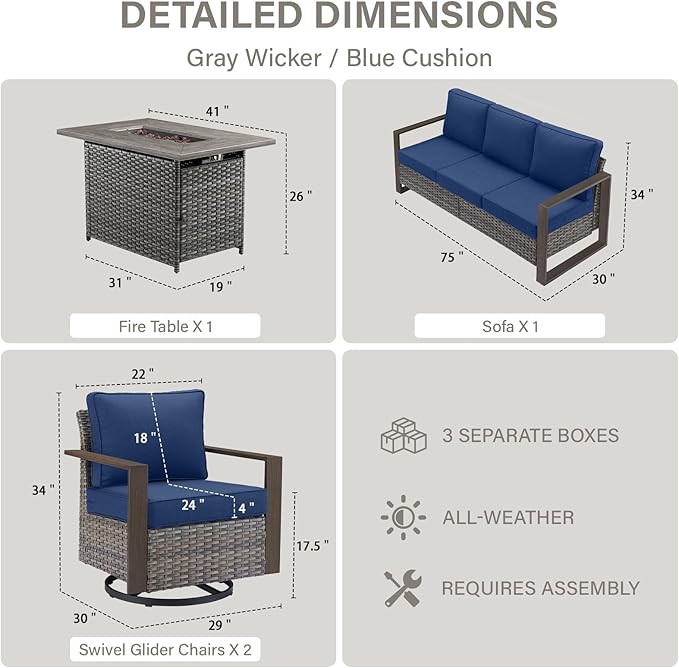 Belord Full 4 Pieces Patio Furniture Set with 41” Propane Fire Pit Table, Outdoor Conversation Set with Swivel Glider Outdoor Chair Set of 2 and Rattan Sofa for Deck Backyard