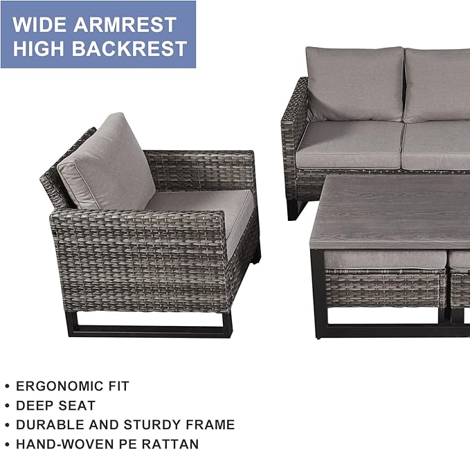 HUMMUH 6 Piece Patio Furniture All Weather Wicker Outdoor Sectional Sofa,High Back Patio Chairs,Coffee Table and Ottomans Set for Porch,Garden,Backyard