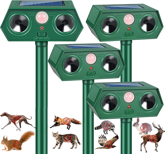 Ultrasonic Animal Repellent Outdoor, 4 Pack Solar Cat Repeller with Motion Sensor - Effective Raccoon, Squirrel, Rabbit, Dog, Skunk for Yard, Garden and Lawn