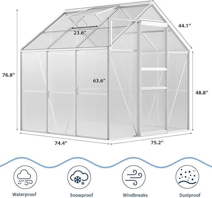 Garvee 6 x 6 FT Outdoor Greenhouse, Polycarbonate Greenhouses with Aluminum Frame, Sliding Door, Adjustable Roof Vent for Backyard, Green Houses for Outside Garden Backyard, Patio, Silver