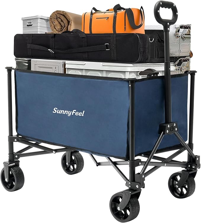 SUNNYFEEL Collapsible Wagon Cart with Wheels Foldable - 176lbs Standard Borderless Version Wagon Carts for Grocery Sports Garden Shopping Camping(Blue, 164L)
