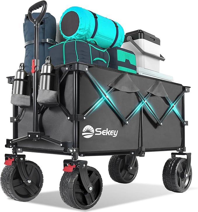 Sekey 220L Wagons Carts Foldable with Big All-Terrian Beach Wheels, Collapsible Heavy DutyWagon with Cup Holders, Extra Large Folding Wagon,Foldable Wagon for Camping, Garden, Sports. Grey