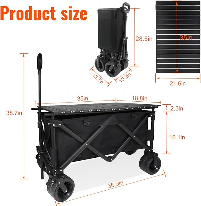 Collapsible Wagon Cart with Table,Beach Cart with Big Wheels for Sand,440Lbs Beach Wagon for Sand,Garden,Camping,Travel,Sports-Black.