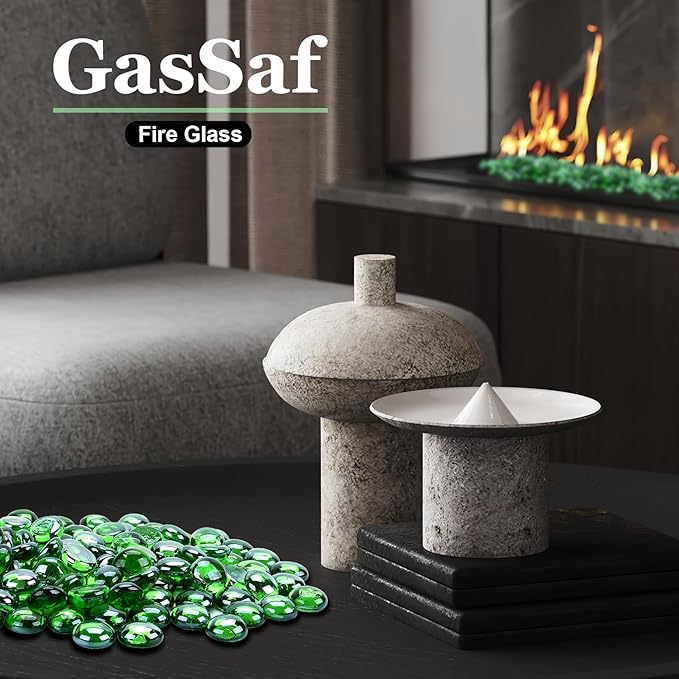 GasSaf Blue Fire Glass Beads for Outdoor Fire Pit, Fireplace, Replaces Existing Gas Logs & Lava Rocks, 3/4 Inch Glass(10 Pound)(Light Green)