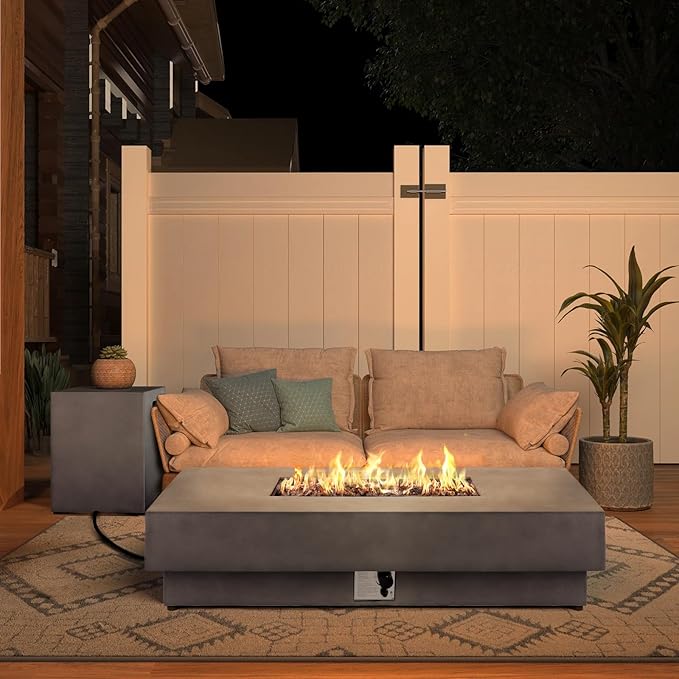 60-inch Outdoor Propane Fire Pit Table Set - 2-Piece, 50,000 BTU, Concrete Large Rectangular Fire Table with Lid, Propane Tank Table, Lava Rocks, Rain Cover - Perfect Firepit for Outdoor Use